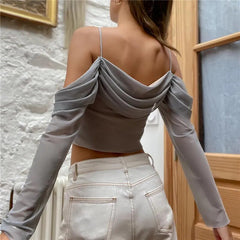 Aesthetic Mesh Sheer Off Shoulder T Shirt Elegant Long Sleeve Backless Crop Tops Summer Casual Slim Streetwear Tees