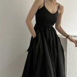 A-line Pocket Street Cargo Dress V-neck Solid Color Gray Pleated Dress Sleeveless Korean Chic Long Dress 2025 Summer New