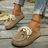 Pbong  Women New Slip-On Loafers Soft Bottom Suede Ethnic Style Flats Beaded Lace Up Casual Shoes Fashion Slippers Fashion