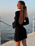 Stripe Knitted Slim Fitting Short Dress Sexy Flare Long Sleeve Backless Beach Dress Solid Color Casual Chic Vacation Robes Femme