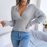 Plunge Knit Top for Women Long Sleeve V-Neck Crop Sweater Ribbed Waist Pullover Top Fall Winter Ladies Sexy Chic Outfit