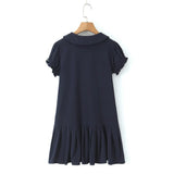 Pbong  Solid Spliced Folds Slimming Dresses for Women Lapel Short Leeve High Waist Temperament Dress Female