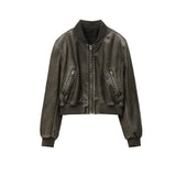 Women's new vintage imitation leather bomber jacket coat top women's style