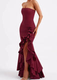 Pbong  High Quality Floor Length High Fork Pleat Strapless Sleeveless Wedding Party Dress Vestidos Para Bodas Mujer Invitada