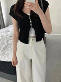 Pbong  Korean  Cropped Cardigan Women Clothing Short Sleeve V-neck Solid Top Fashion Single Breasted Split Knitting Sweater