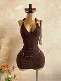Pbong  Brown Textured Halter Mini Dress with V-Neck and Waist Chain Detail