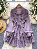 Gentle Korean Shirt Dress Female Single Breasted Lace Spliced Fashion Long Sleeve Women A Line Solid Autumn Chic Dress