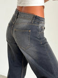 Straight-leg High Waist Jeans Women  New Leg Pockets Pants Y2k Long Denim Trousers Vintage Grey Washed Jeans