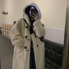 Lamb Wool Coat Women's Knee Over Mid Length Autumn/Winter New Cowhorn Button Japanese Loose Cotton Coats for Women