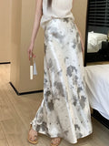 Retro Tie Dye Satin Long Skirts Women Elegant Korean Vintage Slim Trumpet Skirt Casual Summer Sweet Comfortable Long Skirt
