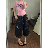 Pbong   New Women Sweet Vintage Raw Denim Cargo Pants Summer Pink Embroidery Muscle Design Straight 7/8 Cropped Jeans Streetwear