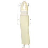 Mesh See Through Halter Sexy Maxi Dress Women Gown Fashion Deep V Neck Sleeveless Backless Bodycon Long Dress Elegant