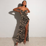 Leopard Print Women Chain Strap Side Slit Maxi Dress Backless Bodycon Sexy Streetwear Festival Evening Elegant