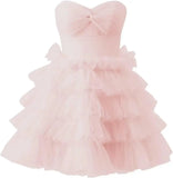 Pbong  Teen’s Short Tulle Homecoming Dress A Line Strapless Tiered Party Prom Dress Mini Cocktail Gowns for Women
