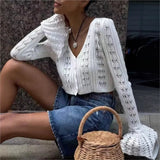 2025 New Knit Flare Sleeve V-neck Hollow Out Short Coat Fashion Casual Button Transparent Summer Cardigan Top Cover-up Jacket
