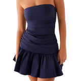 Pbong  Women's Ruched Tube Top Dress Strapless Sleeveless Slim Fit Flare Dress Summer Clubbing Dress
