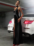 Deep V neck Ribbon Slit Dress For Women Sexy Halter Backless Evening Party Maxi Dress High Street Slim Elegant Summer New