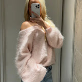 Fluffy Mohair Off Shoulder Cropped Sweater Oversize Slouchy Long Sleeve 2025 Autumn Cozy Women Knit Top Trendy Sweet Lady Jumper