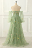Pbong  Sweetheart Floor Length Tulle Appliques Three Quarter Backless Zipper Up Green Robe Pour Mariage Invité