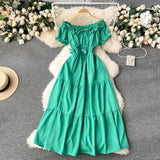 Pbong  Summer Vacation Slim Elastic Waist Long Dress Women Elegant Off Shoulders Big Swing Maxi Beach Dress Party Robe Femme