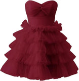Pbong  Teen’s Short Tulle Homecoming Dress A Line Strapless Tiered Party Prom Dress Mini Cocktail Gowns for Women