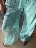Pbong  Sequin Loose Lace Up Pants Women Casual Elastic Low Waist Wide Leg Trousers Female Summer Lady Shiny Party Club Pant New