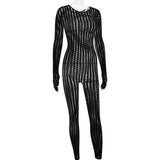 Pbong  American Sexy Perspective Jumpsuit Women Fashionable Hollow Knitted Striped Long Sleeved Jumpsuit Bar Nightclub One Piece Pants