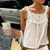 Women Y2k Lace Ruffle Trim Tank Top Fairycore Sexy Sheer Button Front Scoop Neck Camisole Cute Going Out Crop Tops Boho Vest