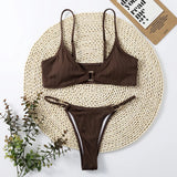 Rib Buckle Linked Thong Bikinis Women Sexy Swimsuit Solid Swimwear Female Padded Bathing Swimming Suit Beachwear Summer