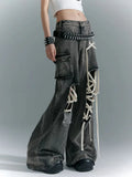 Fashion American Vinateg Hole Cross Lace Up Design Denim Pants Y2ka Esthetic High Street Baggy Wide Leg Trousers Punk Bottoms