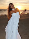 Elegant Irregular Tube Long Dresses Women Retro White Pleated Backless Halter Maxi Evening Dress Female Summer Chic Party Beach