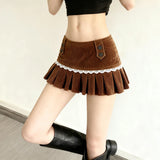 Pbong  Lace Splicing Corduroy Pleated Short Skirt Women's Low Waist Slim Fit Brown Casual Mini Skirt