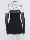 Pbong  Off Shoulder Full Sleeves Sparkly Dress Sexy Halter Mini Dresses For Women Party Night Blackless Slim Fit Vestidos Mujer