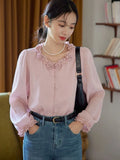 Elegant 3D Floral Blouse Women Vintage Sweet O Neck Long Sleeve Shirt Fall French Retro Casual Female Ruffles All Match Pink Top