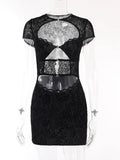 Lace Hollow Out Print Sexy Mini Dress For Women Robe Autumn New Black Strapless Short Sleeve Skinny Sexy Club Dress