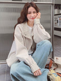 Korean Sweet Chic Jacket Women Loose Fall Long Sleeve Elegant Short Coat Fashion Plaid Patchwork Preppy Style Cute Outwear Tops