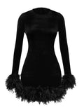 Pbong  Women Autumn Dress Feather Trim Long Sleeve Bodycon Mini Dress Elegant Club Party Retro Sexy Korean Fashion Dresses