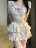 Japanese Lolita Kawaii 3 Piece Set Women Lace Sweet Party Cake Skirt Suit Female Bow Elegant Hight Waist Skirts Suit Summer