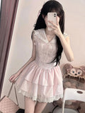 Pbong  Sweet Slim Pink Dress Women Cute Preppy Style Sailor Collar Mini Dress Casual Retro Japan Lace Patchwork Kawaii Cake Dress