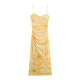 Flower Print Yellow Fashion Long Dress 2025 New Sleeveless V-neck Tulle Slim Sexy Party Dress Vacation Beach Woman Clothing