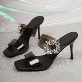 Pbong  Luxury Rhinestore Buckle Stiletto Heeled Sandals Women Pvc Transparent Super High Heels Sandalias Sexy Square Toe Party Shoes