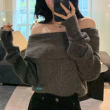 Women Off Shoulder Sweater Long Sleeve Off-the-Shoulder Knitted Tops Rib-knit Jumper Pullover Female Casual Outfit Fall Winter
