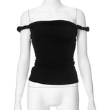 Off Shoulder Slim Fit Twist Top For Women Sexy Solid Fashion Sleeveless Patchwork Pullover Short T shirt Female Summer
