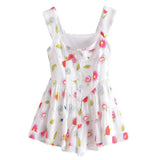 Pbong  Summer U Collar White Print Flower Sleeveless Bodysuits Women Ruched Ruffles Hem Skirt-shorts Jumpsuit Tank Romper Overalls