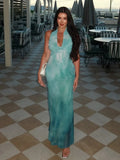Women Sexy Halter Deep V Neck Printed Maxi Dress Elegant Slim Backless Pleated Bodycon Vestdios Chic Party Evening Robes