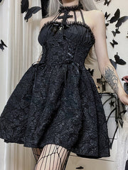 Goth Dark Gothic Emo Jacquard A-line Dresses Elegant Grunge Ruched Bandage Partywear Punk Black Women Halloween Club Dress
