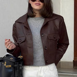 Pbong  New Autumn Fashion PU Leather Jacket Women's Lapel Single-Breasted Stitching Brown Coat Cool Style Commuter Clothing