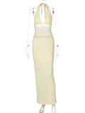 Splice Mesh See Through Long Dress Female Fashion Sexy Backless Deep V neck Elegant Banquet Dress High Street Lace Up
