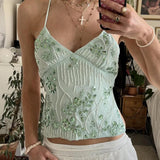 Sexy Sequin Rhinestone Crop Tops Women Y2k Fairy Coquette Camis Pearl Glitter V Neck Backless Tank Shirt Vest Beach