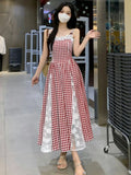 Pbong  Sweet Plaid Long Dress Beach Style Women Elegant Lace Patchwork Korean Dress Fashion Slim Design Female Sexy Camis Vestidos